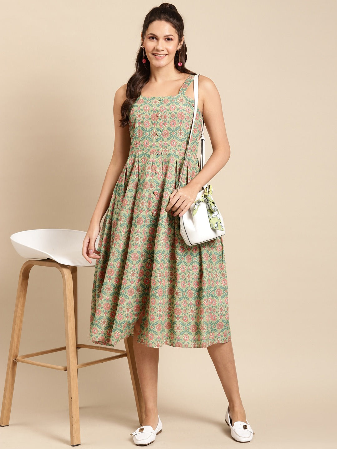 Strappy Box pleate Midi dress with front buttons