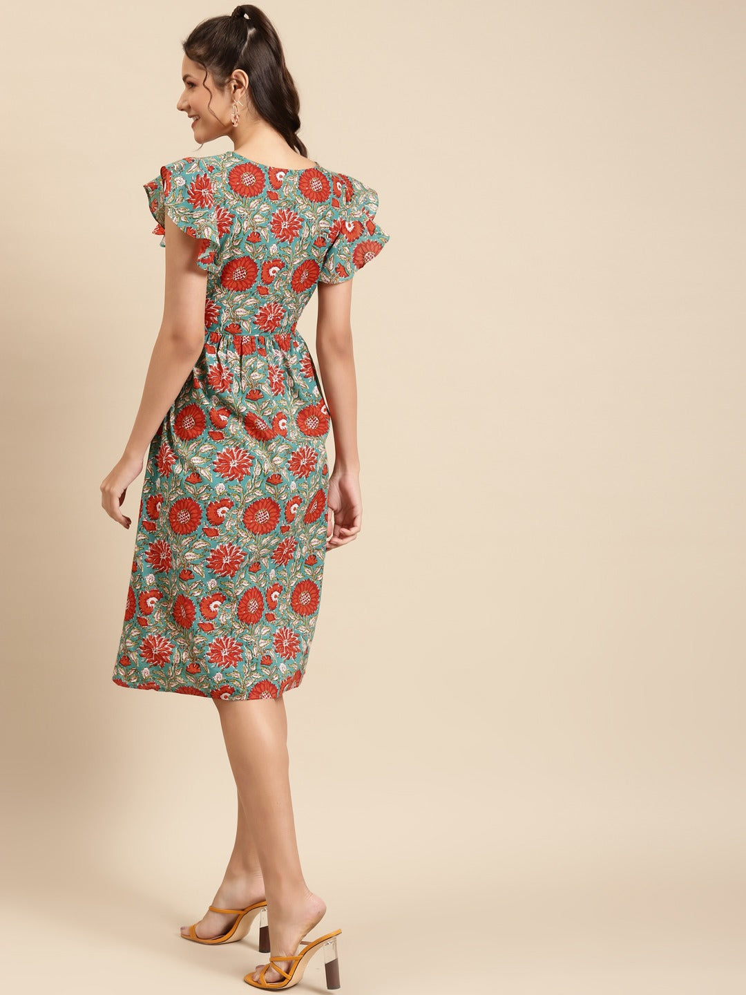 Frill sleeve printed midi dress with buckle belt