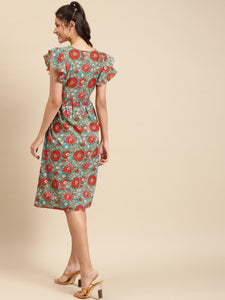 Frill sleeve printed midi dress with buckle belt