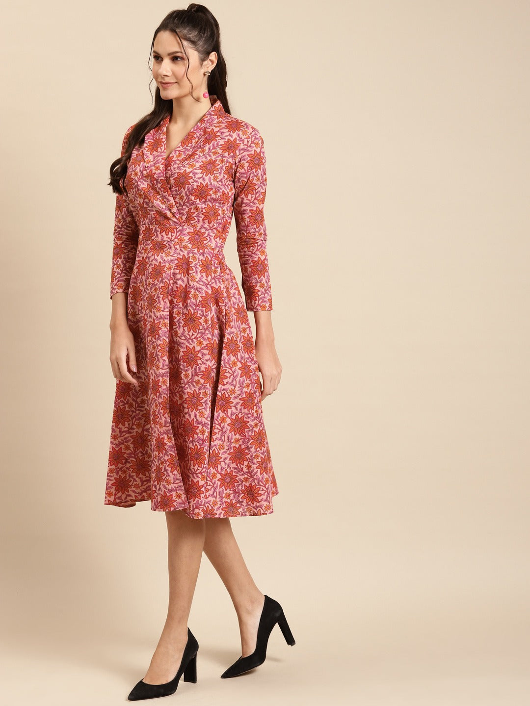 Notch collar with biased flare midi dress