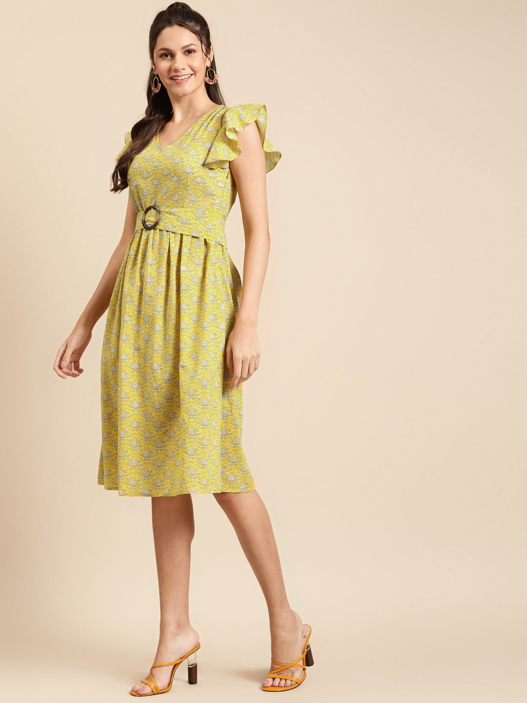 Frill sleeve printed midi dress with buckle belt