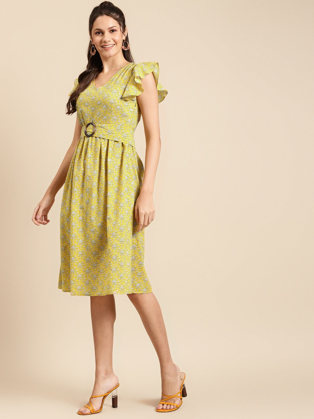 Frill sleeve printed midi dress with buckle belt
