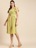 Load image into Gallery viewer, Frill sleeve printed midi dress with buckle belt
