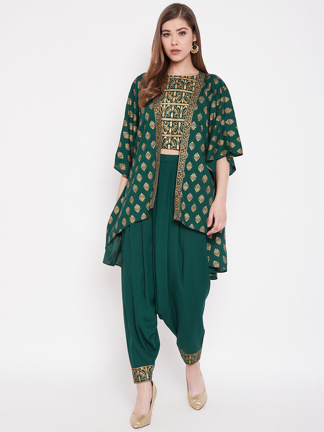 High low gold print Shrug