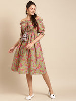 Load image into Gallery viewer, Off shoulder printed midi dress with front tie up
