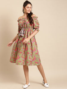 Off shoulder printed midi dress with front tie up