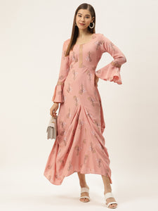 Bell sleeve printed long dress with front drape