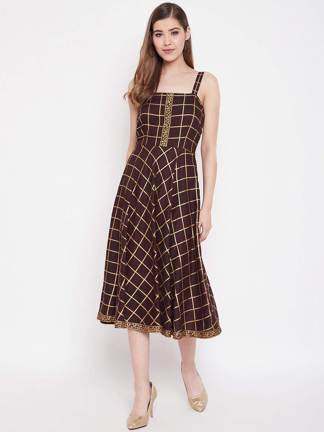 Shoulder strap flared midi dress