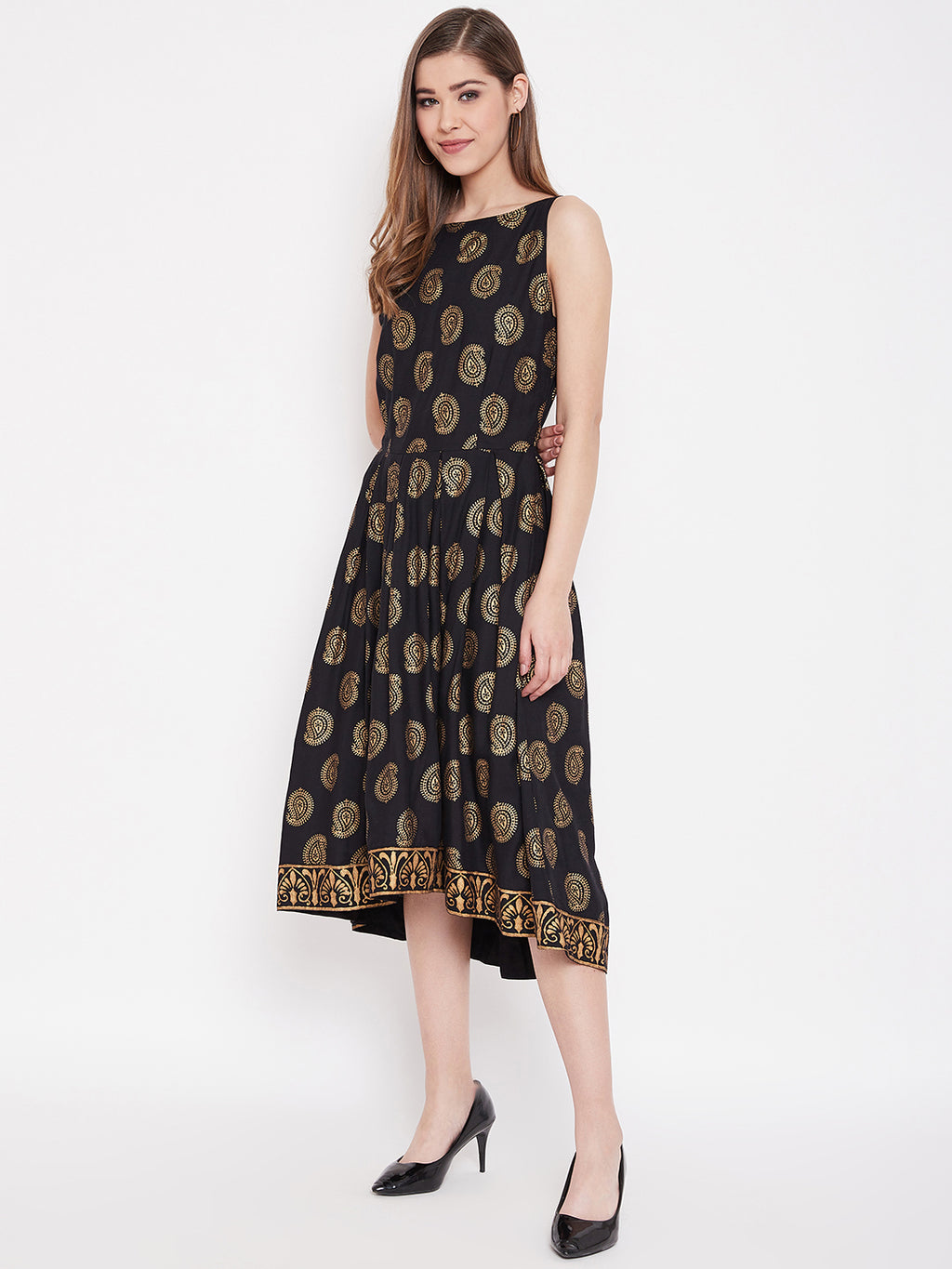 Deep back box pleated Midi Printed Dress