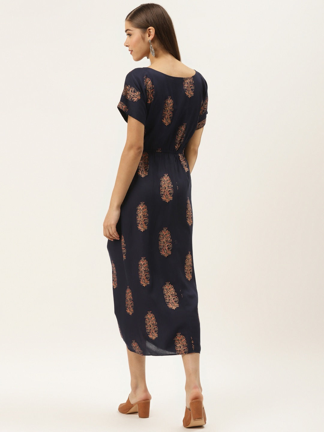 Gold Block Print Front Pleated side cowl dress
