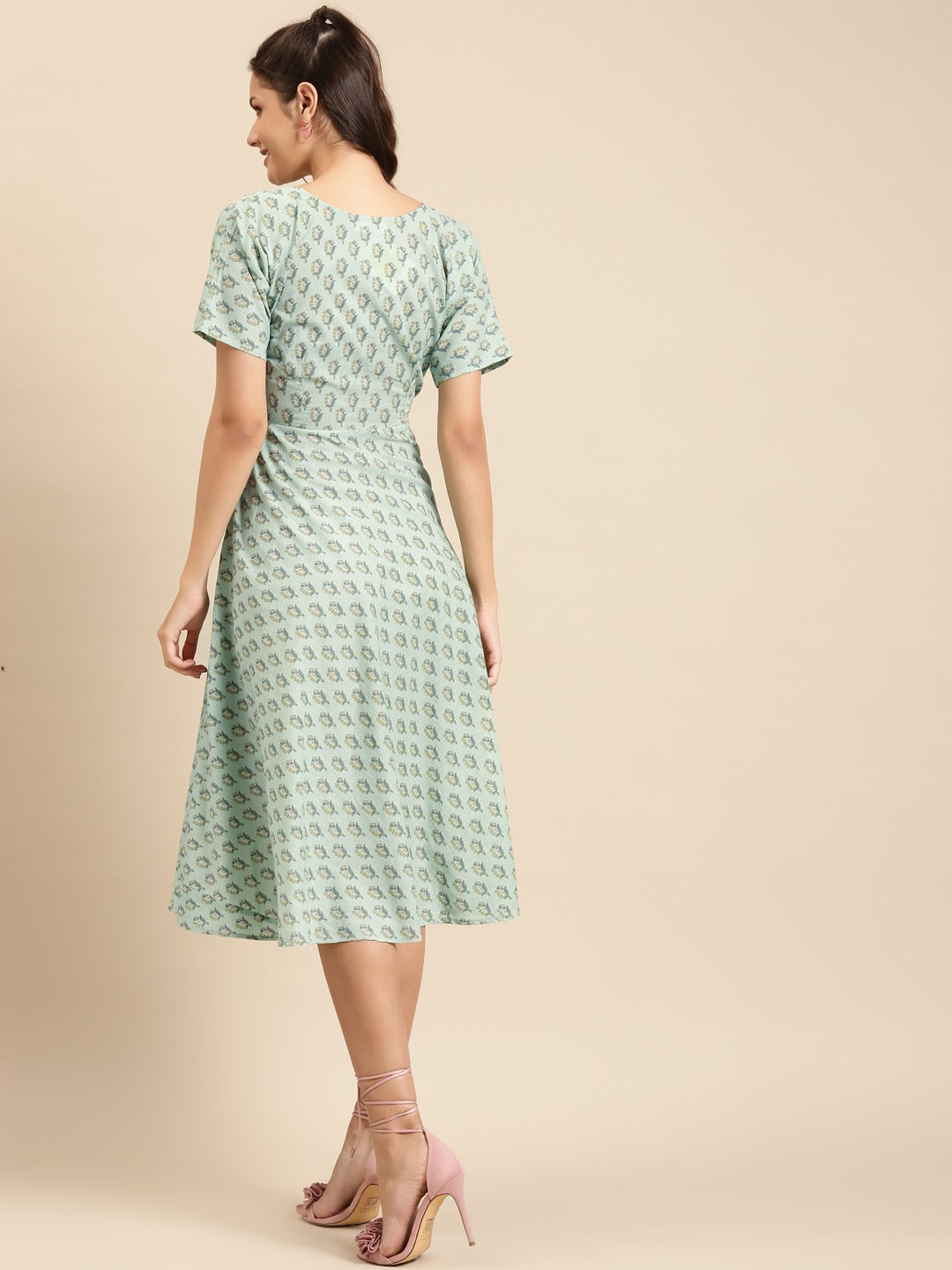 Midi Printed Dress with overlap neck and side tie