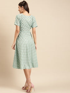 Midi Printed Dress with overlap neck and side tie