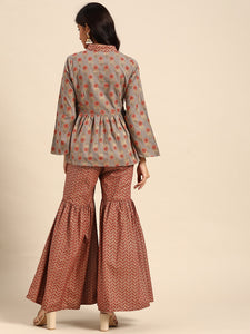 Kurti with sharara in Grey and Maroon