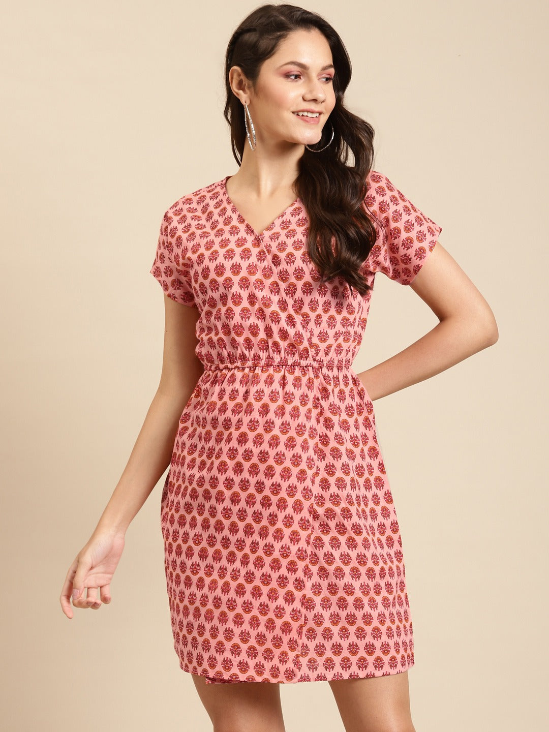 Overlap printed kimono sleeve short dress