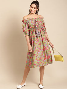 Off shoulder printed midi dress with front tie up