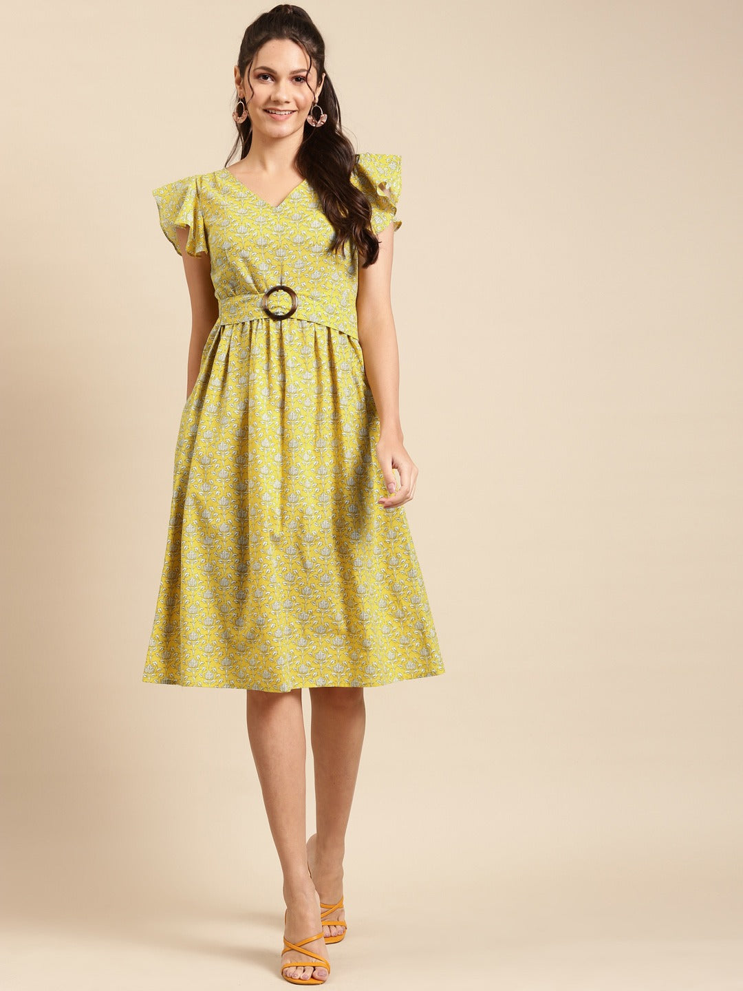 Frill sleeve printed midi dress with buckle belt