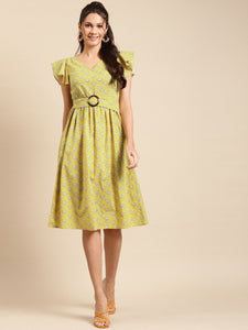 Frill sleeve printed midi dress with buckle belt