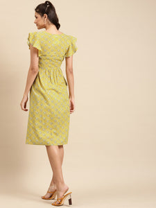 Frill sleeve printed midi dress with buckle belt