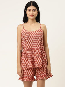 Frill Speghetti and Shorts Set in Pink Buti Print