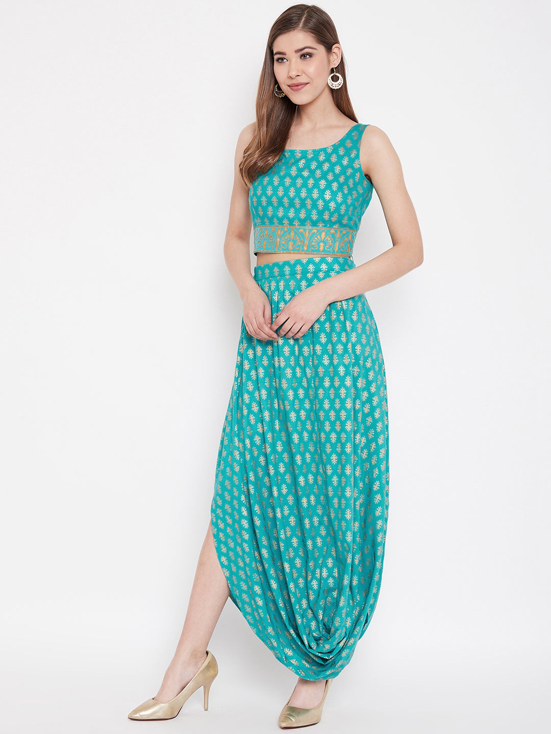 Crop top with cowl dhoti skirt