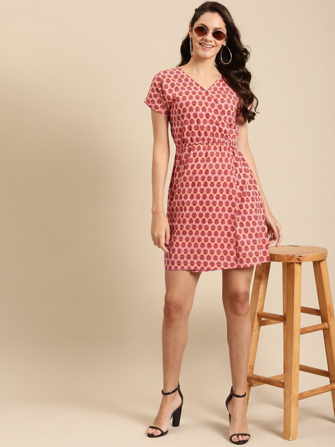 Overlap printed kimono sleeve short dress