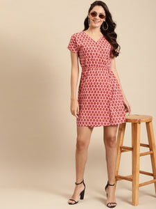 Overlap printed kimono sleeve short dress