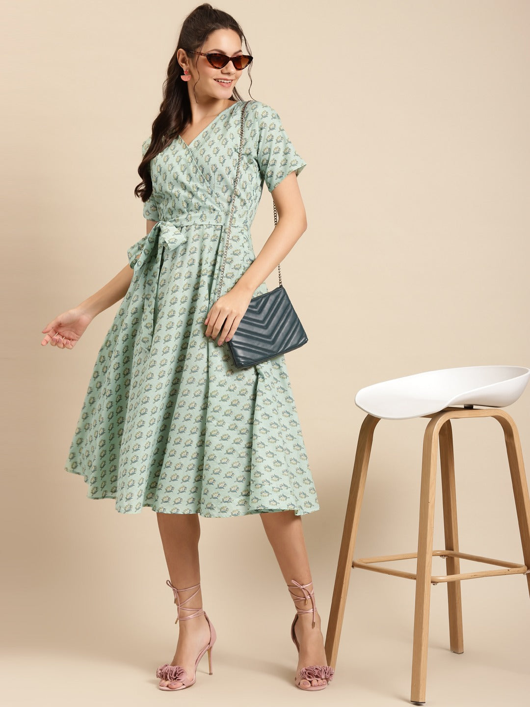 Midi Printed Dress with overlap neck and side tie